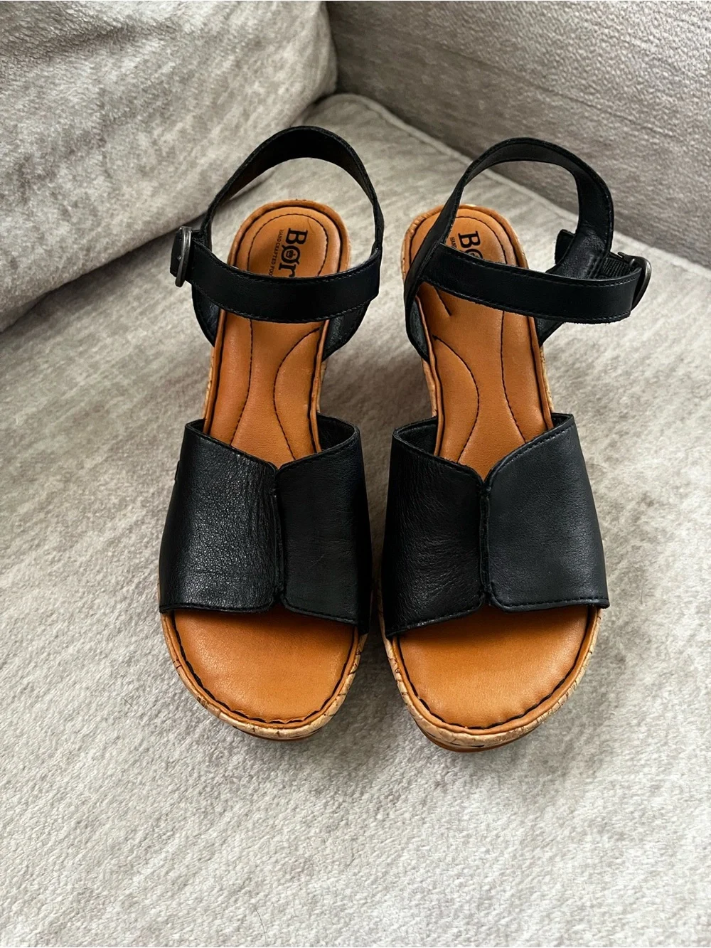 BORN AGNIO Black Leather 3 Inch Cork Bottom Wedges Size 7.5M